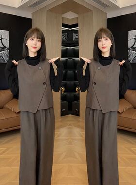 网红爆款2024年洋气高端v女士炸街潮流套装无袖马甲小衫裤子三件