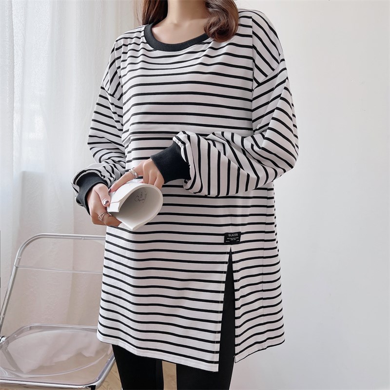 产后哺乳上衣纯棉款长袖T恤春秋中长大码条纹哺乳衣外出喂奶上衣