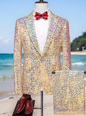 秋季男式宴会歌手西服套装闪亮片花主持人礼服舞台表演西装两件套