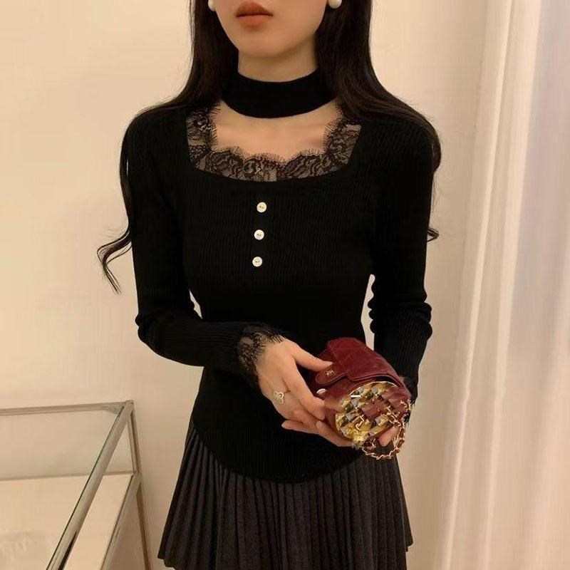 秋冬洋气方领挂脖领蕾丝边毛衣女修身显瘦内M搭针织打底衫百搭上