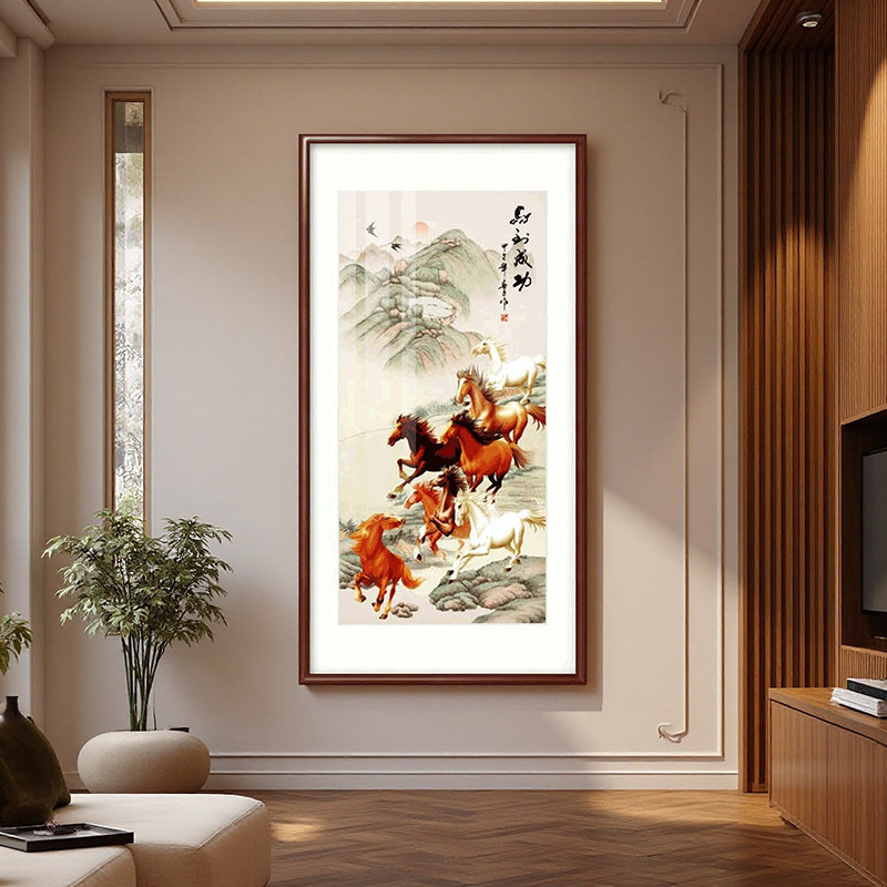 八骏图入户玄关装饰画竖版马到成功国画万马奔腾画客厅八马图挂画