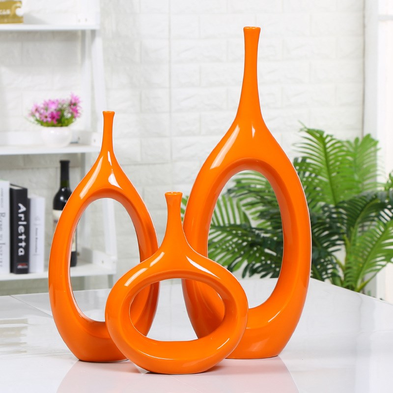 北欧简约陶瓷橘色花瓶摆件样板房客厅茶几电视柜花器蓝色装饰摆设
