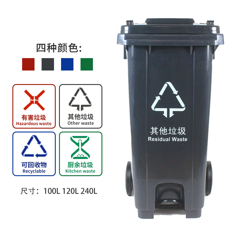 240L大号脚踏分类垃圾桶环卫商用户外可回收带盖街道脚踩垃圾箱