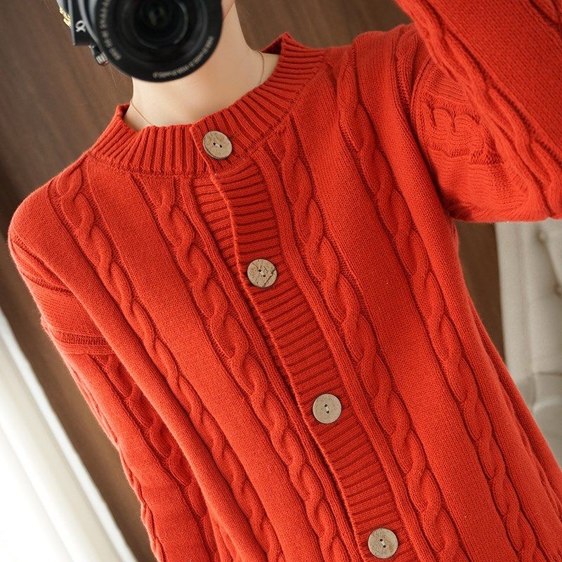 复古麻花纯棉线针织开衫女外套圆领长袖毛衣加厚保暖外搭短款上衣