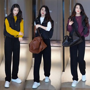 2024秋装搭配一整套时尚连帽马甲圆领卫衣宽松直筒阔腿裤三件套装