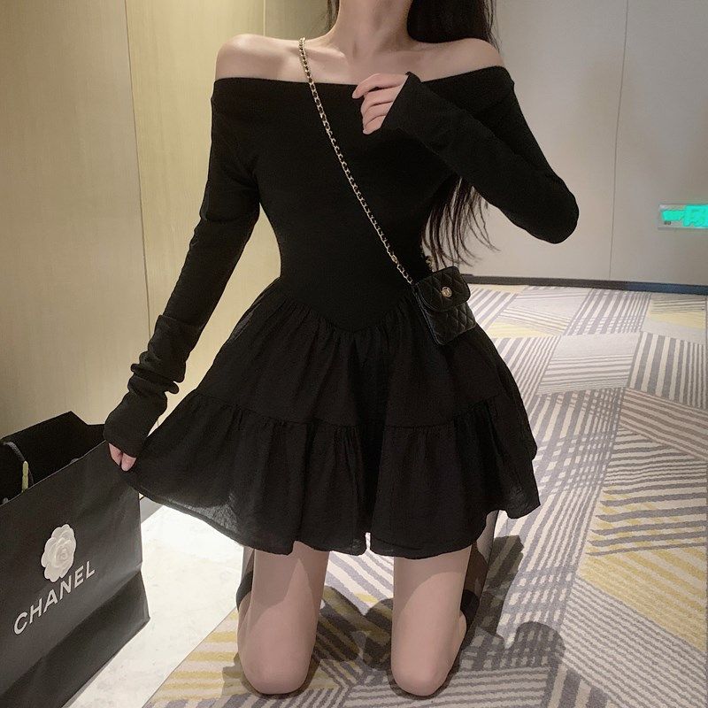 新款高级长袖一字肩连衣裙女秋冬季法式收腰蓬蓬生日蛋糕半身裙子,女装/女士精品,连衣裙,淘宝优惠券,粉丝福利购,淘宝优惠卷