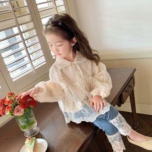 女童衬衫春秋2023新款儿童秋季时髦米色蕾丝衬衣洋气长袖秋装上衣