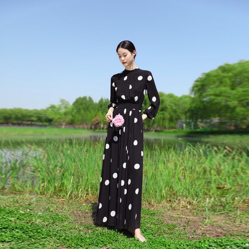 高领波点连衣裙女早春新款气质女装收腰显瘦长袖a字法式雪纺裙子,女装/女士精品,连衣裙,淘宝优惠券,粉丝福利购,淘宝优惠卷
