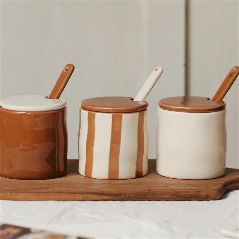 复古风陶瓷条纹手绘调味罐配勺子设计厨房用品精致收纳盒调料罐,厨房/烹饪用具,调味瓶罐/调料研磨器,淘宝优惠券,粉丝福利购,淘宝优惠卷