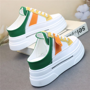 气质外穿包头皮面拼色小白鞋增高显瘦超高跟休闲懒人拖鞋大尺码女