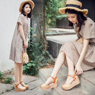 羊皮厚底凉鞋包头女夏2022新款皮带扣圆头粗高跟真皮女鞋松糕皮鞋