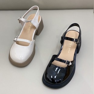 高跟2024新款夏季粗跟一字带仙女风单鞋包头凉鞋中跟小皮鞋