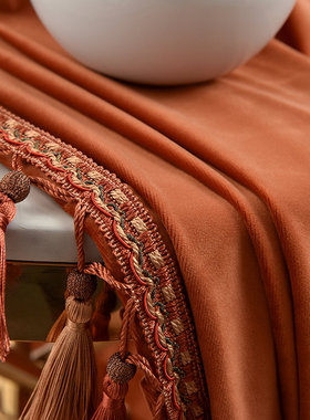 现代美式真丝绒布窗帘布橙色x吊穗天鹅绒卧室遮光客厅轻奢简约加