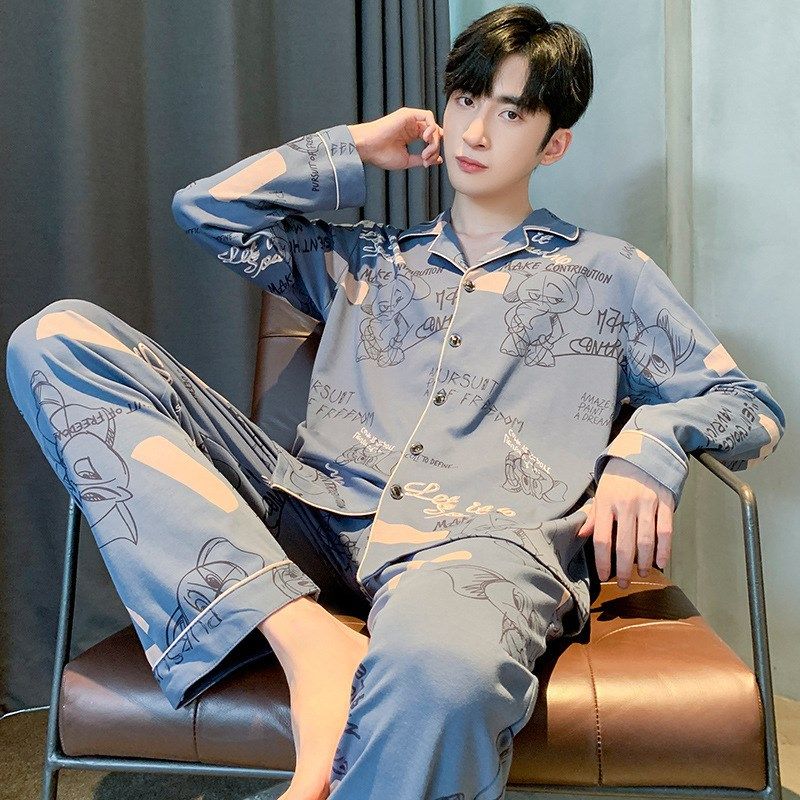 2022年新款男士睡衣100%纯棉长袖春秋K款男生秋冬季天家居服套装