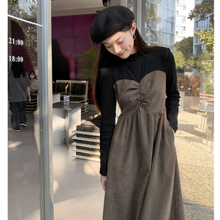 2021新款女高个子超长连衣裙到脚踝拼接假两件套装长裙秋冬款气质