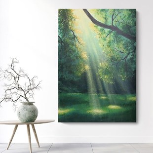 丁达尔效应手绘油画客厅绿色森林风景装饰画玄关晨曦阳光普照挂画