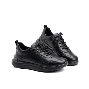 江苏玉人男鞋春秋季真皮系带牛皮全黑色运动鞋厚底超轻休闲鞋