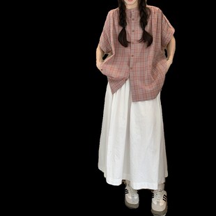 大码女装2025夏季胖mm复古格子撞色宽松衬衫+白色半身裙显瘦套装