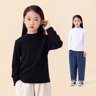 儿童加绒白色打底衫秋冬2024新款女童半高领内搭长袖t恤纯棉童装