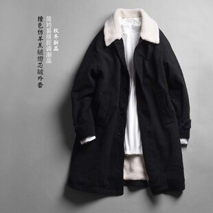 中长款翻领羊羔绒风衣外套男秋冬新款宽松休闲加厚灯芯绒棉服棉衣