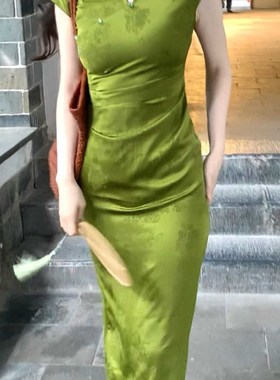 她来了复古馆【夏莺绿】新中式绿色提花显瘦显白改良旗袍连衣裙