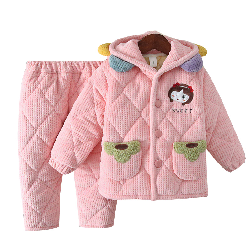 儿童睡衣女加厚加绒法兰绒女童可爱三层夹棉珊瑚绒家居服套装冬季