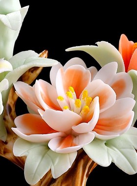 中式招财代代有钱陶瓷牡丹瓷花摆件办公室工位高端大气装饰艺术品