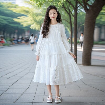 女童白色连衣裙秋装新款高级感中大童纯棉长袖镂空裙子洋气公主裙