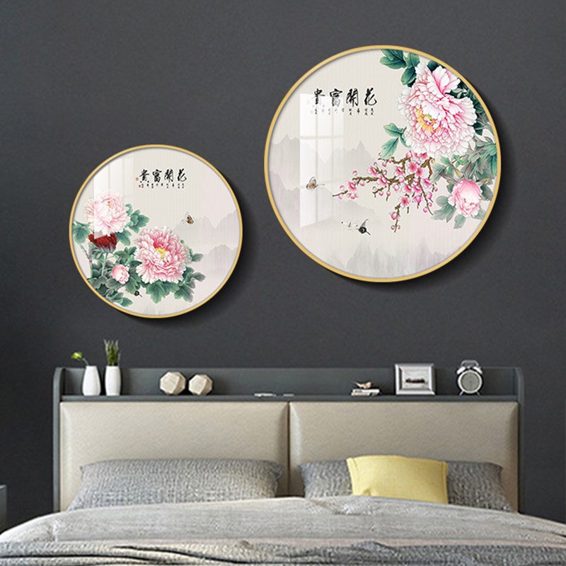 花开富贵圆形挂画入户玄关装饰画新中式花卉客厅走廊过道晶瓷壁画图片