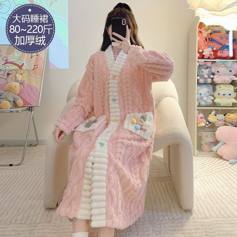 睡袍女秋冬季珊瑚绒加厚加绒法兰绒长款浴袍睡裙加大码睡衣家居服