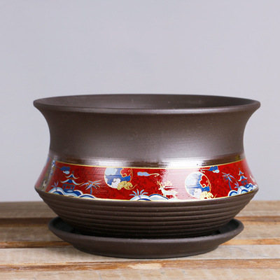 多肉花盆陶瓷大号带托盘紫砂手绘室内桌面简约蝴蝶兰肉肉植物盆栽