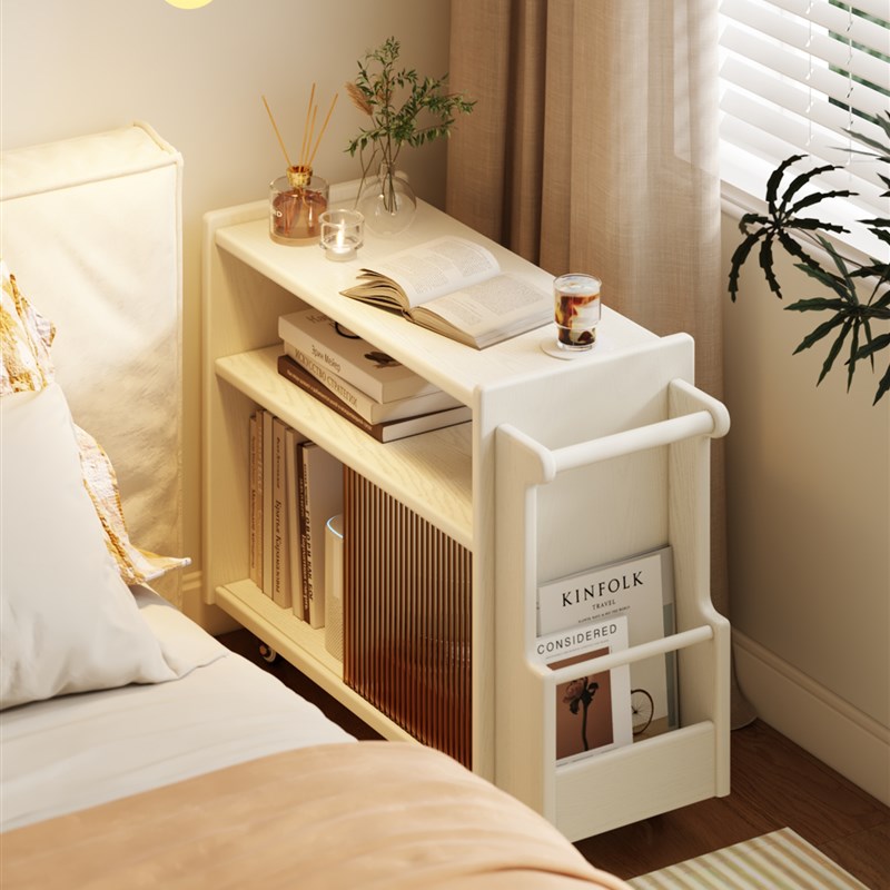 床头柜边柜移动手推车床头柜奶油风格储物架实木卧室桌子简单