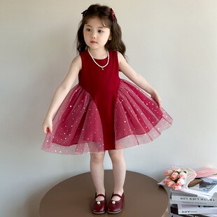 女童连衣裙2025新款夏装红纱儿童背心裙子洋气宝宝夏季夏天公主裙