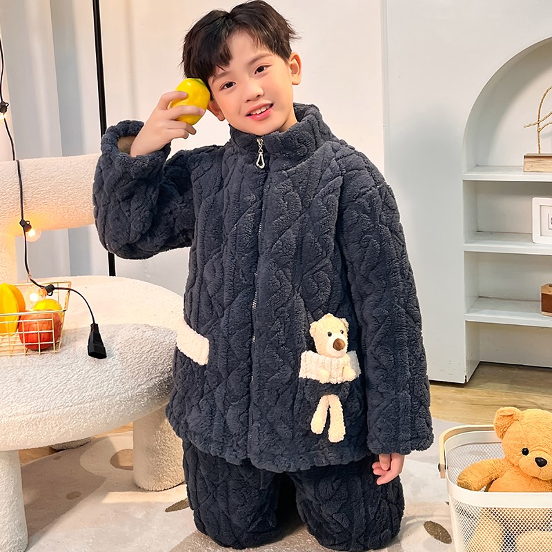 三层夹棉加厚加绒亲子儿童睡衣冬季女童法兰绒宝宝家居服男孩保暖