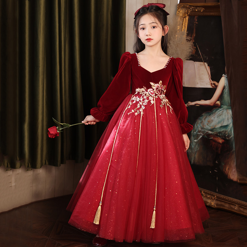 红色女童礼服秋冬轻奢小众高端钢琴主持人婚礼花童十岁生日公主裙