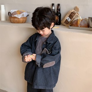 暮晨家新款春装2023男童棉质牛仔长袖衬衫中小童补丁贴布外套夹克