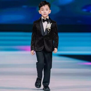 花童男童主持人礼服亮闪闪儿童小西装套装黑色婚礼男孩钢琴演出服