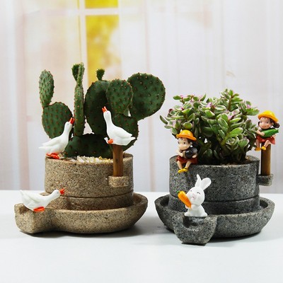 多肉花盆2021新款复古创意摆件石来运转小石磨仿石头盆栽宿舍可爱