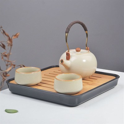黄色汝窑小提梁壶茶具套装简约泡茶壶防烫把手壶蓄水茶盘一壶四杯