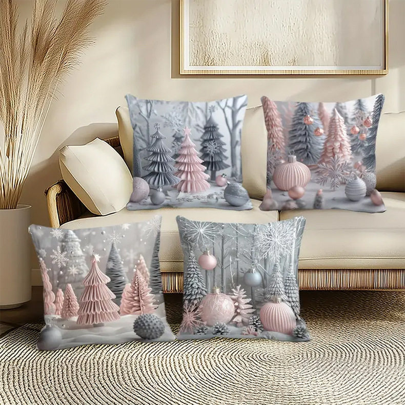 temu亚马逊爆款圣诞节抱枕套组合圣诞树雪花3D元素客厅沙发靠垫套