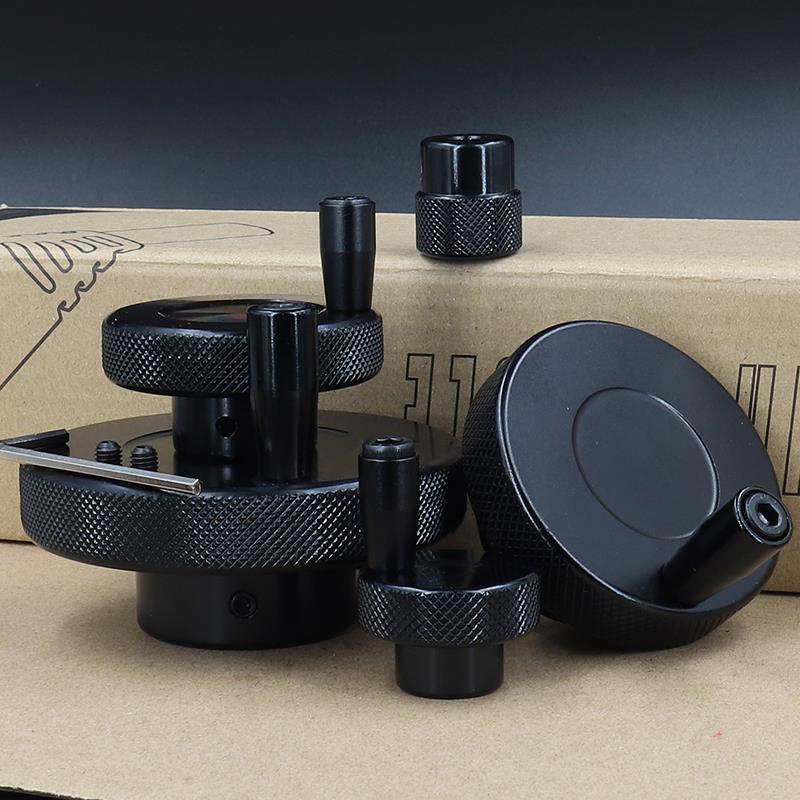 黑色蓝色铝合金手柄机械圆形滚花手轮旋钮滑台丝杆圆孔铝旋转按钮