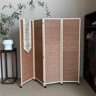 竹编可推拉移动屏风隔断客厅茶室复古滑轮折屏简易办公室入门玄关