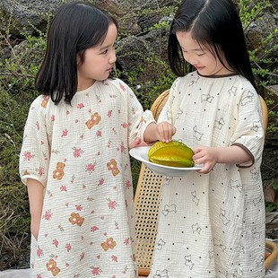 女童睡裙2024夏季纯棉纱布薄款短袖睡衣中大童甜美居家儿童连衣裙