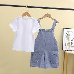 套裝 兩件套薄款 中大童夏款 短袖 2024新款 短褲 女童牛仔背帶褲 潮 夏季