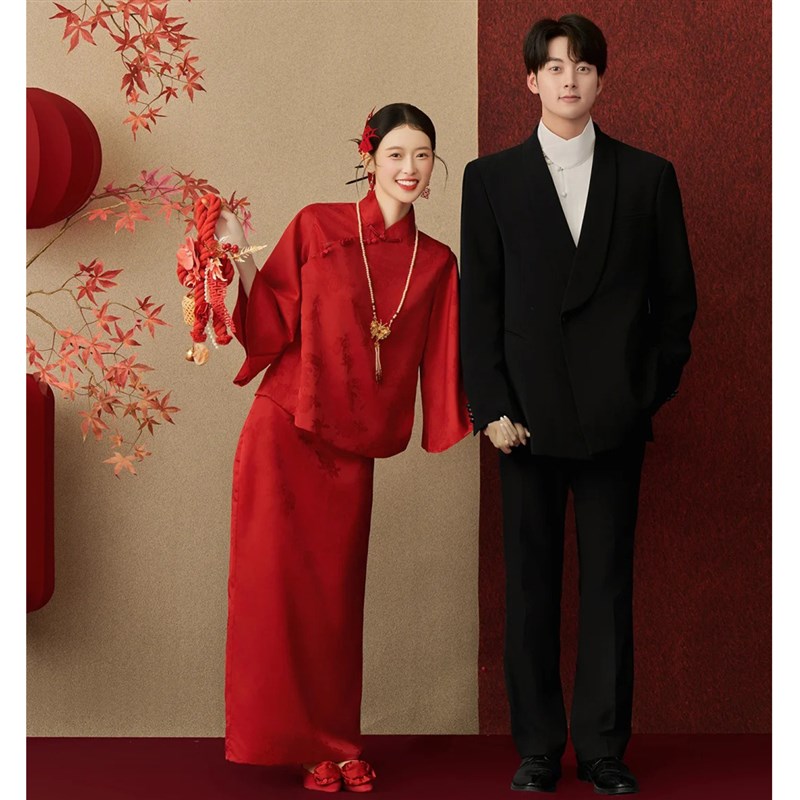 新中式改良旗袍半身裙新娘晨袍红色婚礼敬酒服订婚结婚冬季套装女