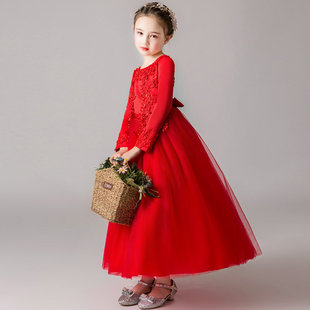 儿童婚纱裙礼服公主裙女童红色连衣裙子春秋冬加绒中大童演出服装