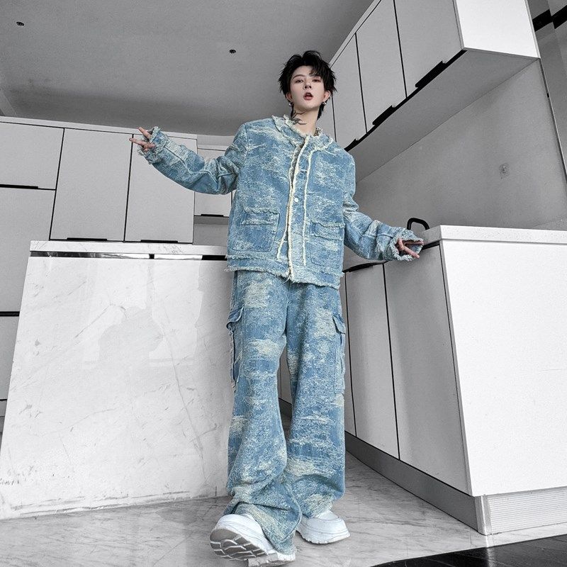 秋装韩国东大门小众水洗破洞猫须流苏设计感夹克香风阔腿长裤套装,男装,时尚套装,淘宝优惠券,粉丝福利购,淘宝优惠卷