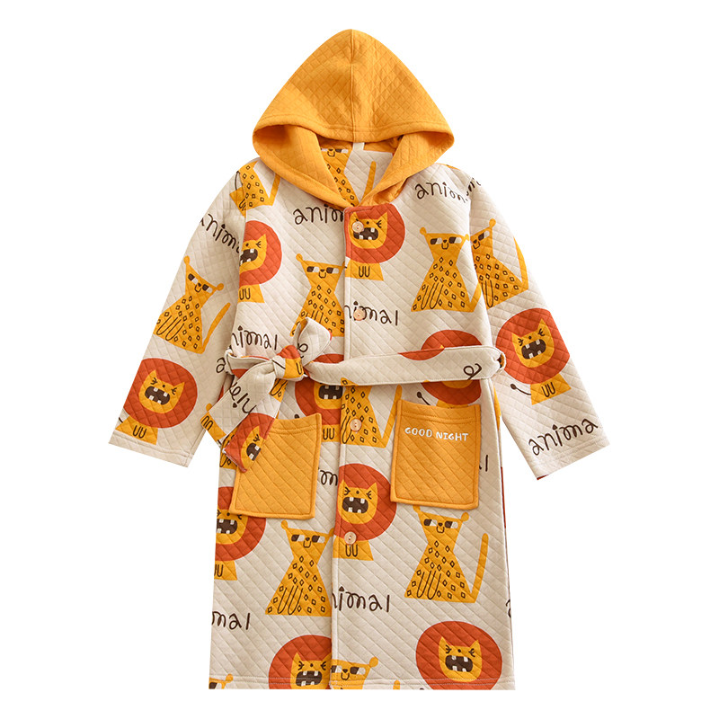 儿童秋冬加厚纯棉空气层睡衣男童三层夹棉睡袍连帽浴袍宝宝家居袍