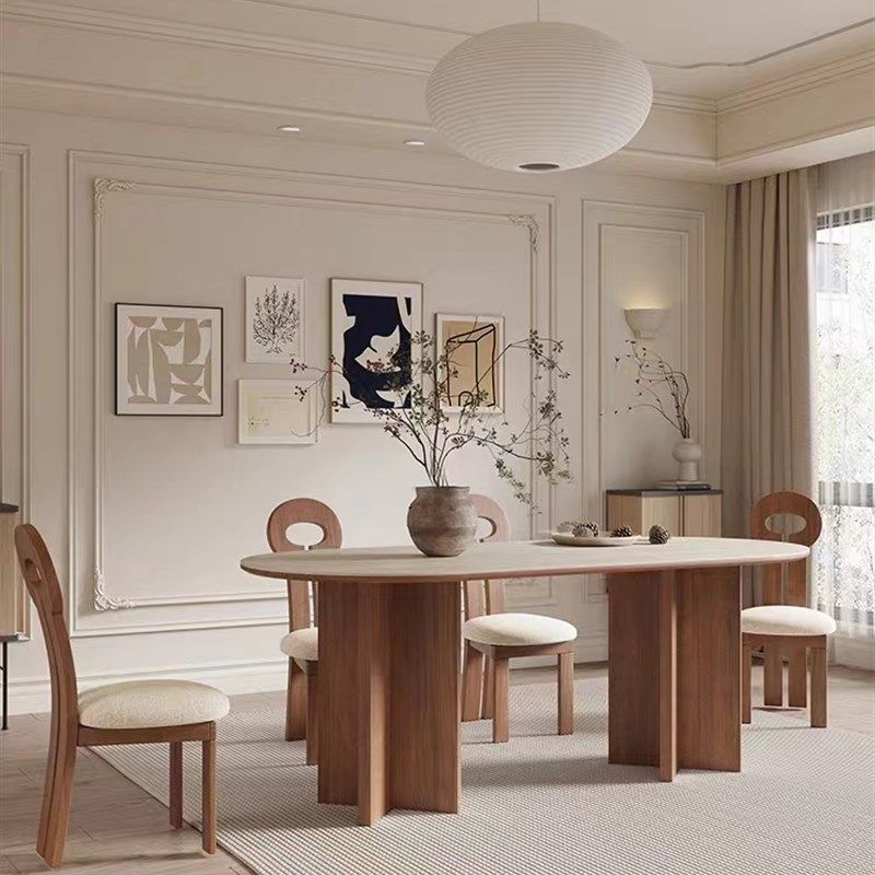 法式奶油风洞石岩板餐桌饭厅家用小户型饭桌椭圆形实木餐桌椅组合,住宅家具,岩板餐桌,淘宝优惠券,粉丝福利购,淘宝优惠卷