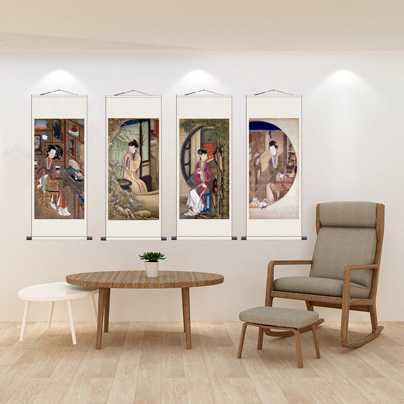 仕女图茶楼装饰画古典字画挂画雍正十二美人清代仕女图丝绸挂画